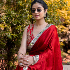 Bold Red Designer Mashru Satin Silk Mirror Work Saree with Blouse Free Size