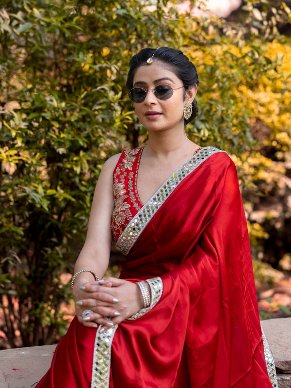 Bold Red Designer Mashru Satin Silk Mirror Work Saree with Blouse Free Size