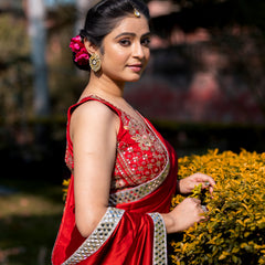 Bold Red Designer Mashru Satin Silk Mirror Work Saree with Blouse Free Size