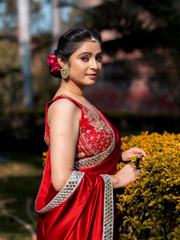 Bold Red Designer Mashru Satin Silk Mirror Work Saree with Blouse Free Size