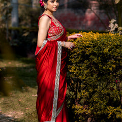 Bold Red Designer Mashru Satin Silk Mirror Work Saree with Blouse Free Size