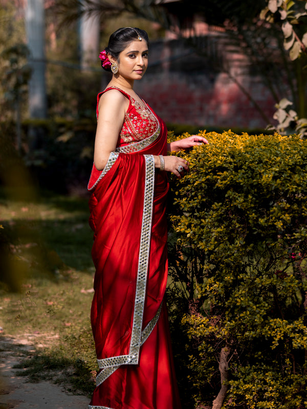 Bold Red Designer Mashru Satin Silk Mirror Work Saree with Blouse Free Size