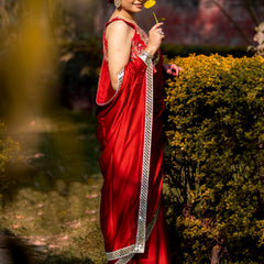 Bold Red Designer Mashru Satin Silk Mirror Work Saree with Blouse Free Size