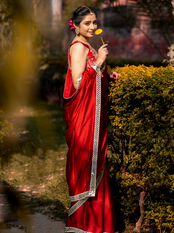 Bold Red Designer Mashru Satin Silk Mirror Work Saree with Blouse Free Size