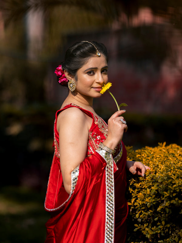 Bold Red Designer Mashru Satin Silk Mirror Work Saree with Blouse Free Size