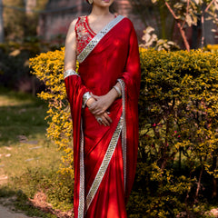 Bold Red Designer Mashru Satin Silk Mirror Work Saree with Blouse Free Size