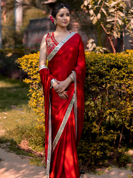 Bold Red Designer Mashru Satin Silk Mirror Work Saree with Blouse Free Size