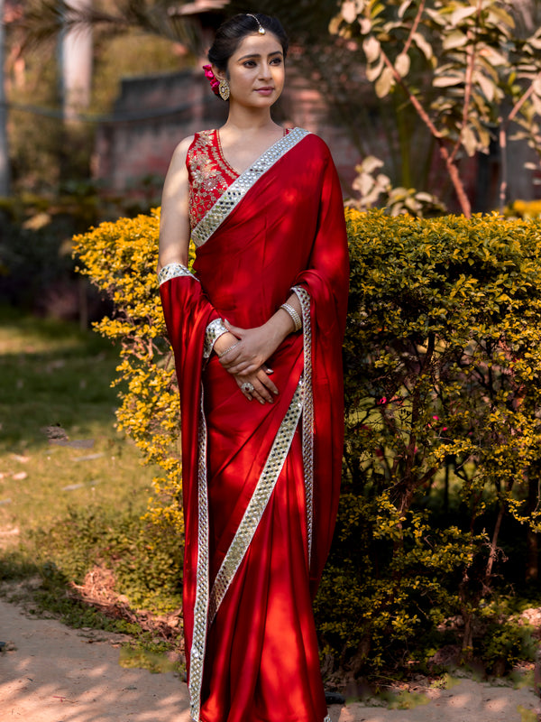 Bold Red Designer Mashru Satin Silk Mirror Work Saree with Blouse Free Size