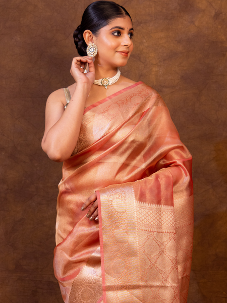 Pink Banarasi Authentic Soft Tissue Silk Saree with Rich Pallu Woven Design