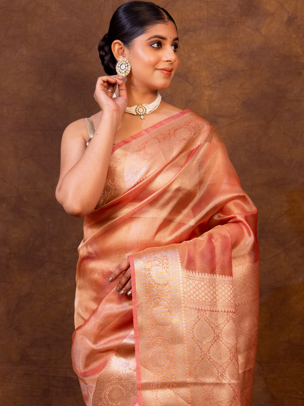 Pink Banarasi Authentic Soft Tissue Silk Saree with Rich Pallu Woven Design