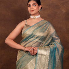Firozi Blue Crushed Tissue Silk Saree | Banarasi Woven Saree