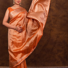Rust Orange Banarasi Authentic Soft Tissue Silk Saree with Rich Pallu Woven Design