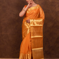 Coral Orange Banarasi Woven Soft Tissue Silk Saree From Hanfi Handicraft