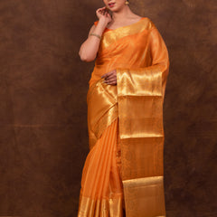 Coral Orange Banarasi Woven Soft Tissue Silk Saree From Hanfi Handicraft