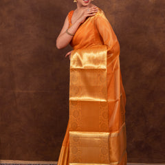 Coral Orange Banarasi Woven Soft Tissue Silk Saree From Hanfi Handicraft
