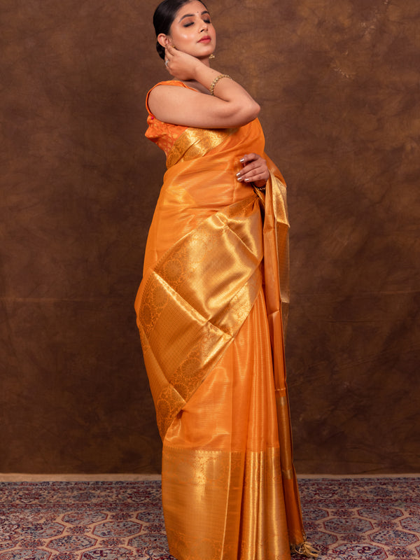 Coral Orange Banarasi Woven Soft Tissue Silk Saree From Hanfi Handicraft