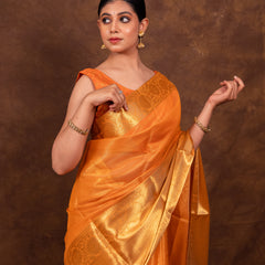 Coral Orange Banarasi Woven Soft Tissue Silk Saree From Hanfi Handicraft