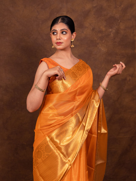 Coral Orange Banarasi Woven Soft Tissue Silk Saree From Hanfi Handicraft
