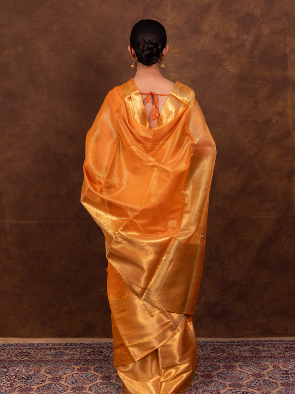 Coral Orange Banarasi Woven Soft Tissue Silk Saree From Hanfi Handicraft