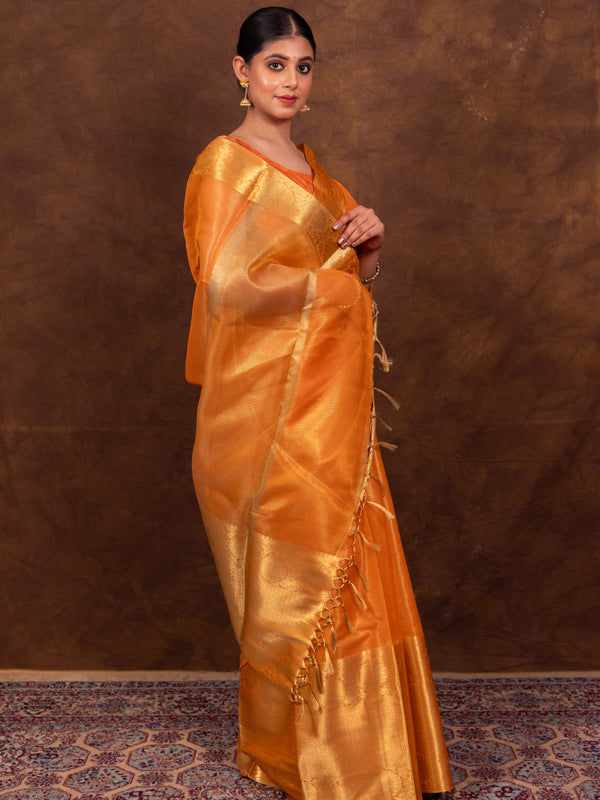 Coral Orange Banarasi Woven Soft Tissue Silk Saree From Hanfi Handicraft