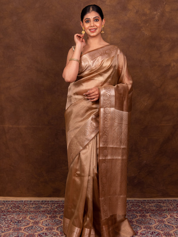 Coffee Brown Banarasi Authentic Soft Tissue Silk Saree with Rich Pallu Woven Design