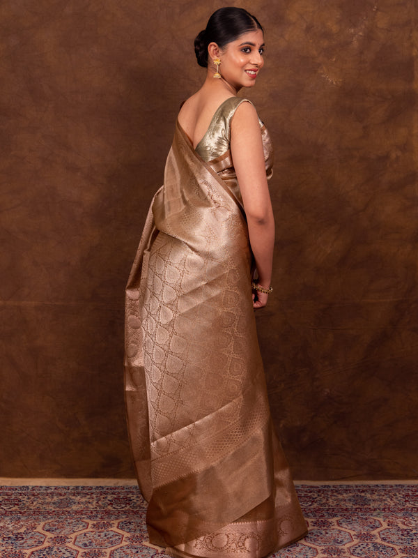 Coffee Brown Banarasi Authentic Soft Tissue Silk Saree with Rich Pallu Woven Design