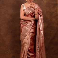 Rose Pink Banarasi Authentic Soft Tissue Silk Saree with Rich Pallu Woven Design