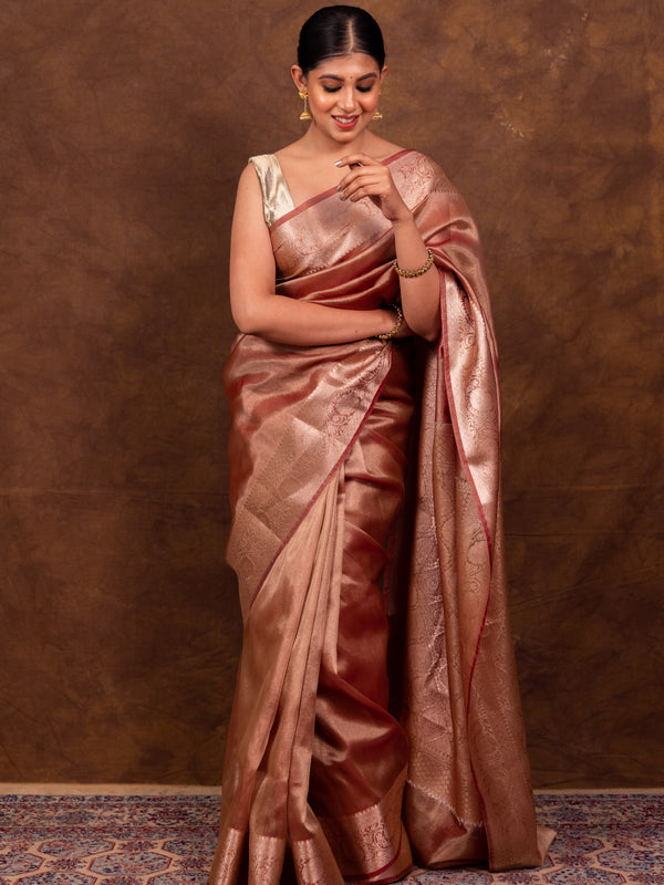 Rose Pink Banarasi Authentic Soft Tissue Silk Saree with Rich Pallu Woven Design