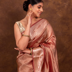Rose Pink Banarasi Authentic Soft Tissue Silk Saree with Rich Pallu Woven Design