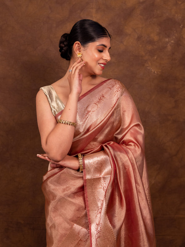 Rose Pink Banarasi Authentic Soft Tissue Silk Saree with Rich Pallu Woven Design