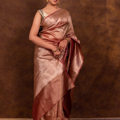 Rose Pink Banarasi Authentic Soft Tissue Silk Saree with Rich Pallu Woven Design
