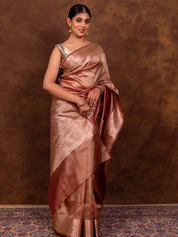 Rose Pink Banarasi Authentic Soft Tissue Silk Saree with Rich Pallu Woven Design