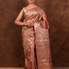 Rose Pink Banarasi Authentic Soft Tissue Silk Saree with Rich Pallu Woven Design