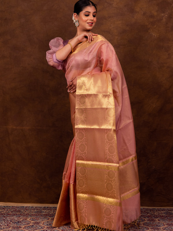 Coral Pink Banarasi Soft Tissue Silk Saree | Easy To Drape & Pleat