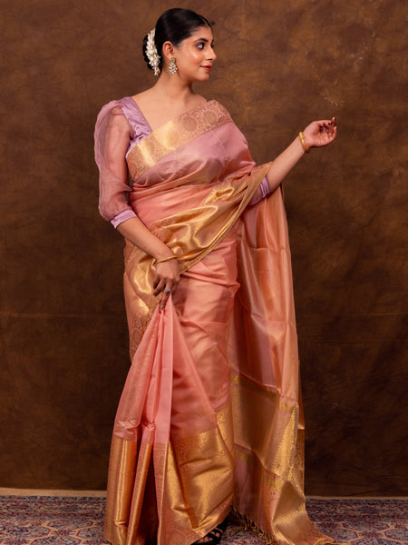 Coral Pink Banarasi Soft Tissue Silk Saree | Easy To Drape & Pleat