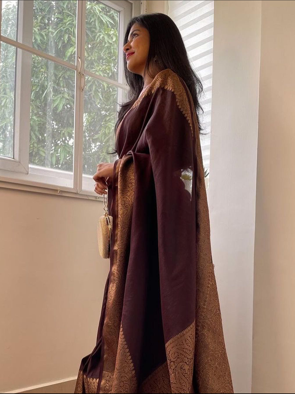 Coffee Brown Banarasi Woven Soft Saree with Antique Zari Border & Pallu