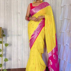 Gold Rani Banarasi Semi Georgette Soft Saree with Contrast Border Silver Zari