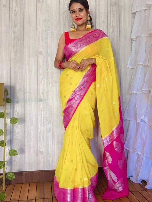 Gold Rani Banarasi Semi Georgette Soft Saree with Contrast Border Silver Zari
