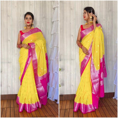 Gold Rani Banarasi Semi Georgette Soft Saree with Contrast Border Silver Zari