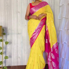 Gold Rani Banarasi Semi Georgette Soft Saree with Contrast Border Silver Zari