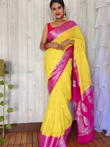 Gold Rani Banarasi Semi Georgette Soft Saree with Contrast Border Silver Zari