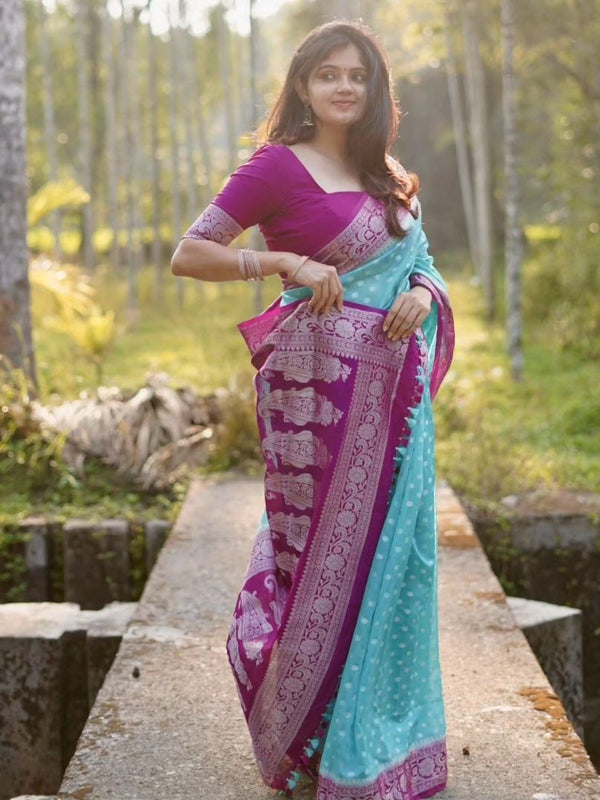 Magenta Blue Banarasi Woven Semi Georgette Soft Saree