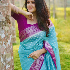 Magenta Blue Banarasi Woven Semi Georgette Soft Saree