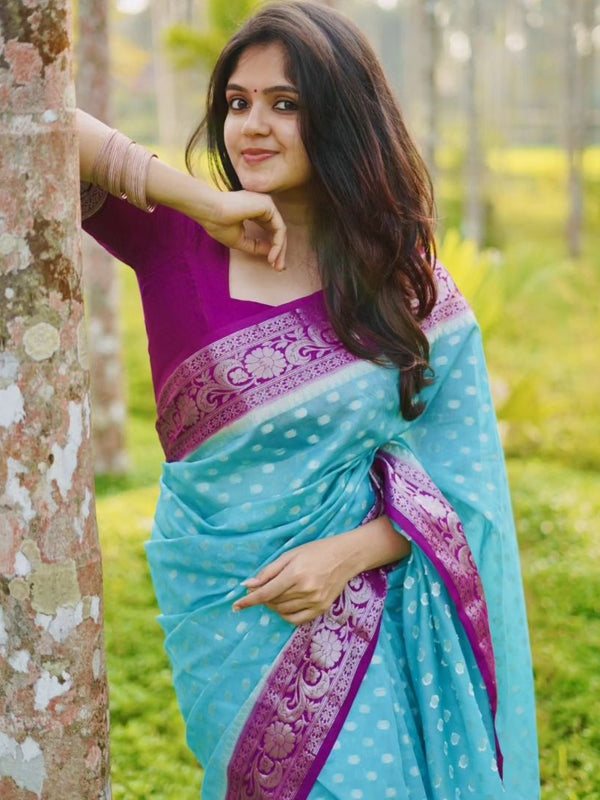 Magenta Blue Banarasi Woven Semi Georgette Soft Saree