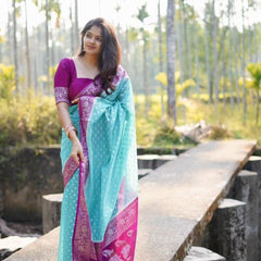 Magenta Blue Banarasi Woven Semi Georgette Soft Saree