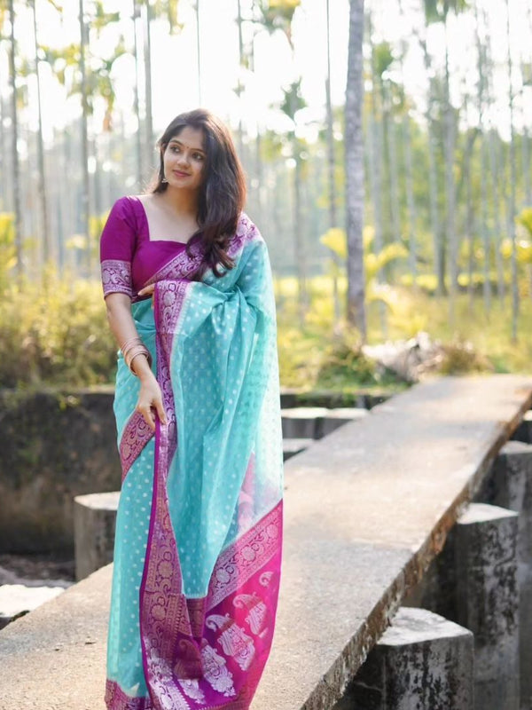 Magenta Blue Banarasi Woven Semi Georgette Soft Saree