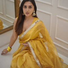 Golden Grace Sunstone Mirror Work Designer Tissue Silk Saree