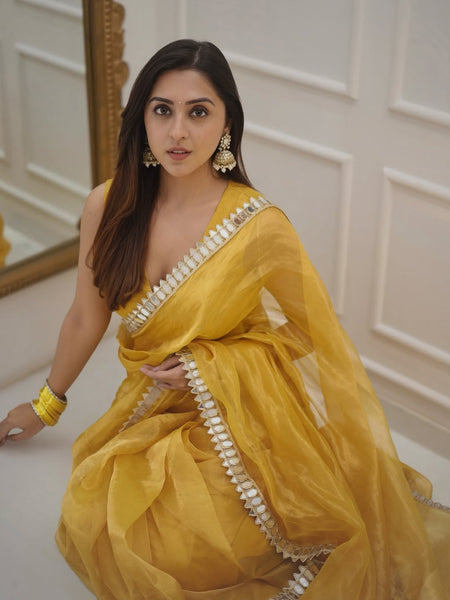 Golden Grace Sunstone Mirror Work Designer Tissue Silk Saree