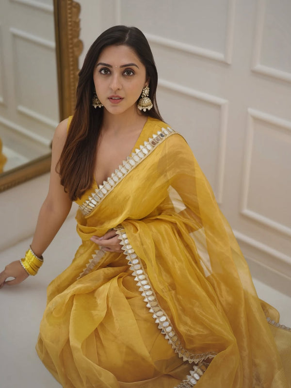 Golden Grace Sunstone Mirror Work Designer Tissue Silk Saree