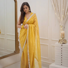 Golden Grace Sunstone Mirror Work Designer Tissue Silk Saree